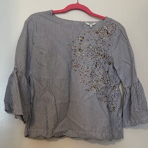 crown & ivy Black and White Striped Blouse with Floral Embroidery